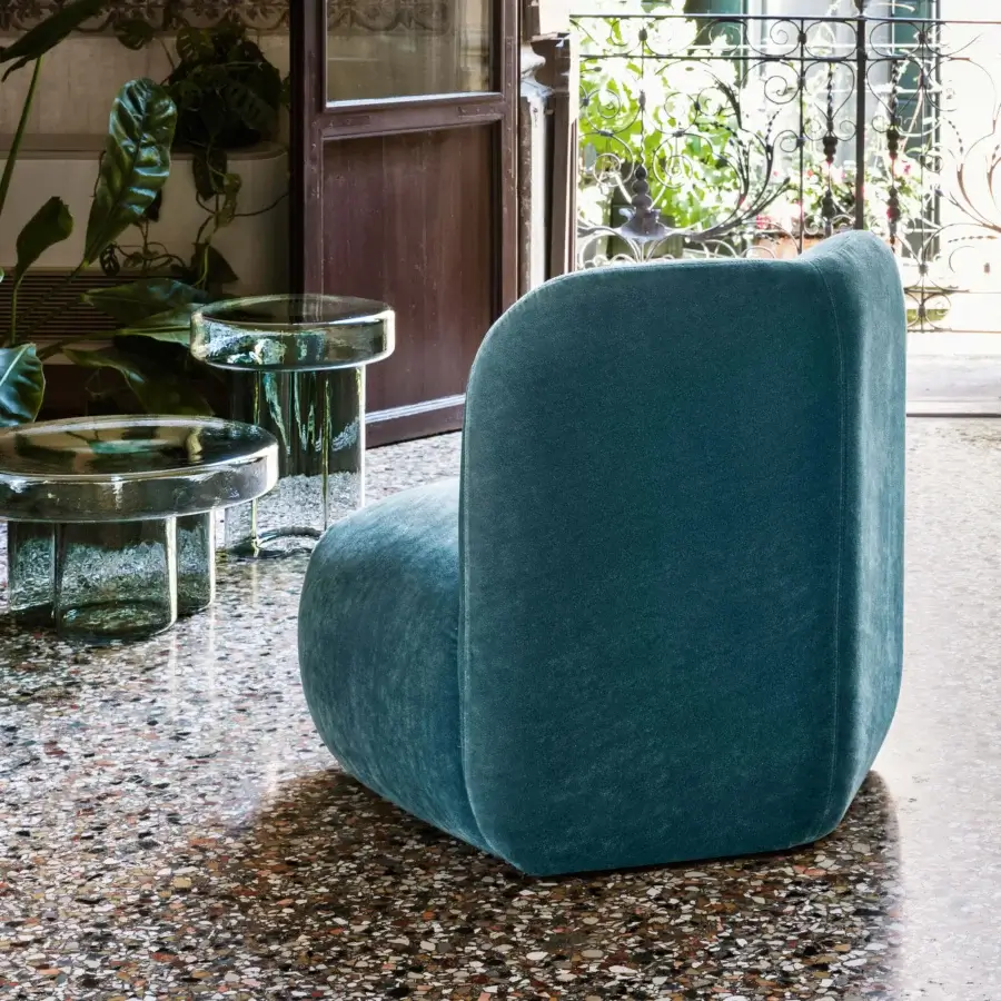 Lavish Miniforms Boterina lounge chair in plush matte teal textile with seamless construction