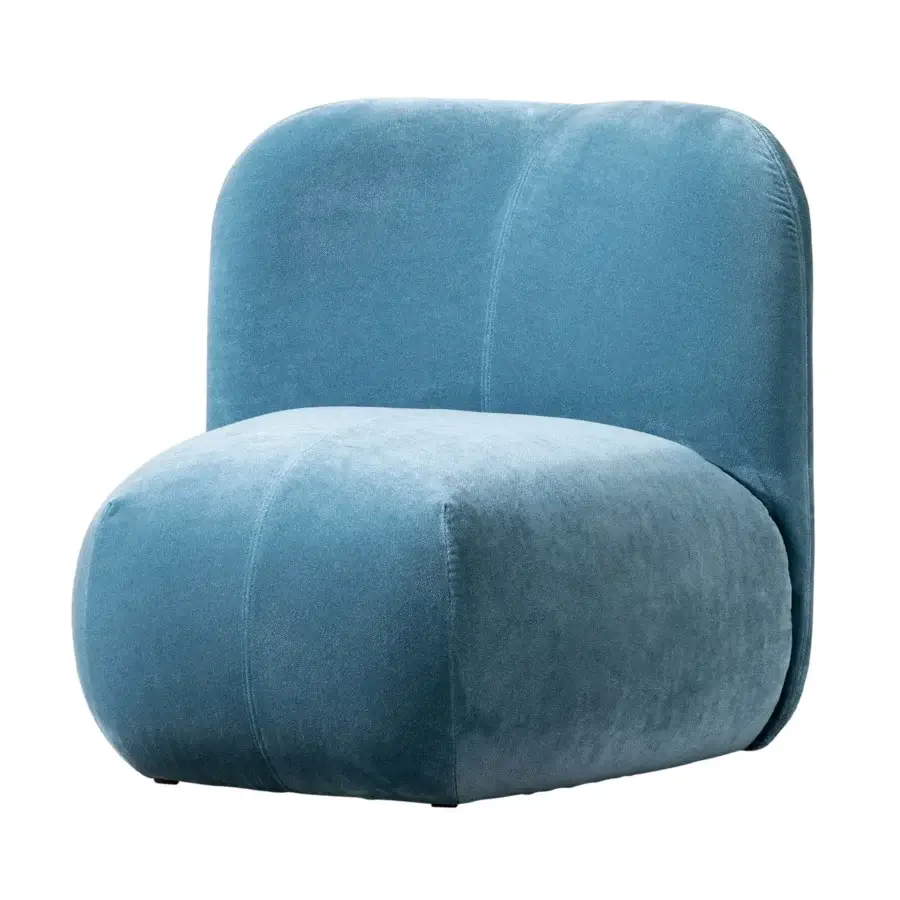 Distinguished Miniforms Boterina lounge chair in muted blue textile with soft matte finish and curvilinear silhouette