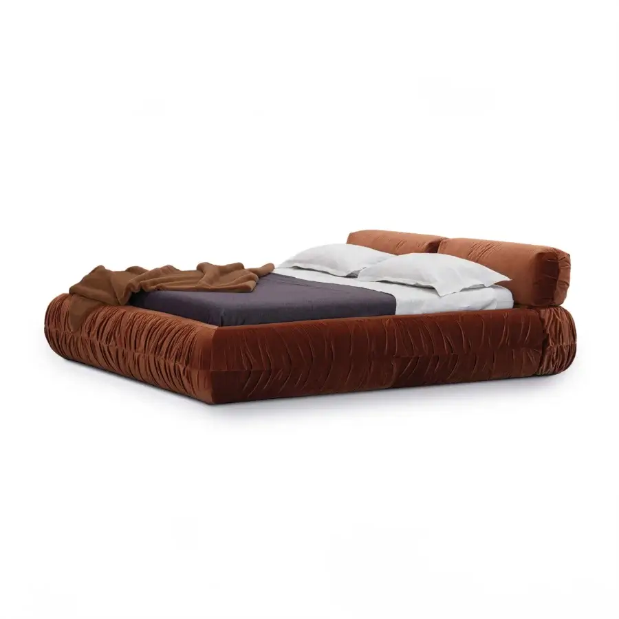 Exceptional Cierre1972 Option bed with textured gathered brown textile upholstery exhibiting contemporary form