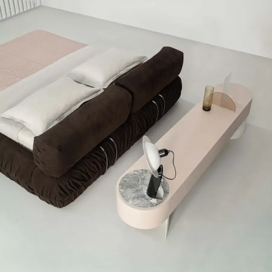 Superior Cierre1972 Option bed with dark brown and beige textile upholstery exhibiting a contemporary design