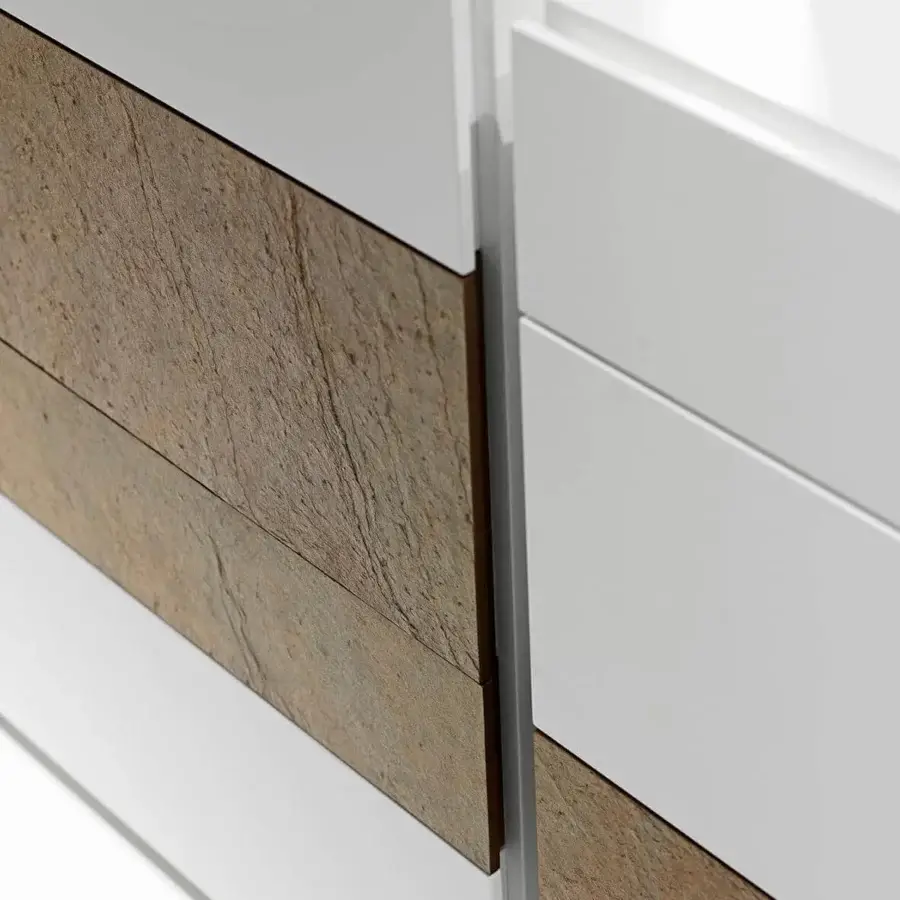 Distinguished Presotto Wing dresser with eight drawers crafted in glossy white and textured earthy brown wood particleboard