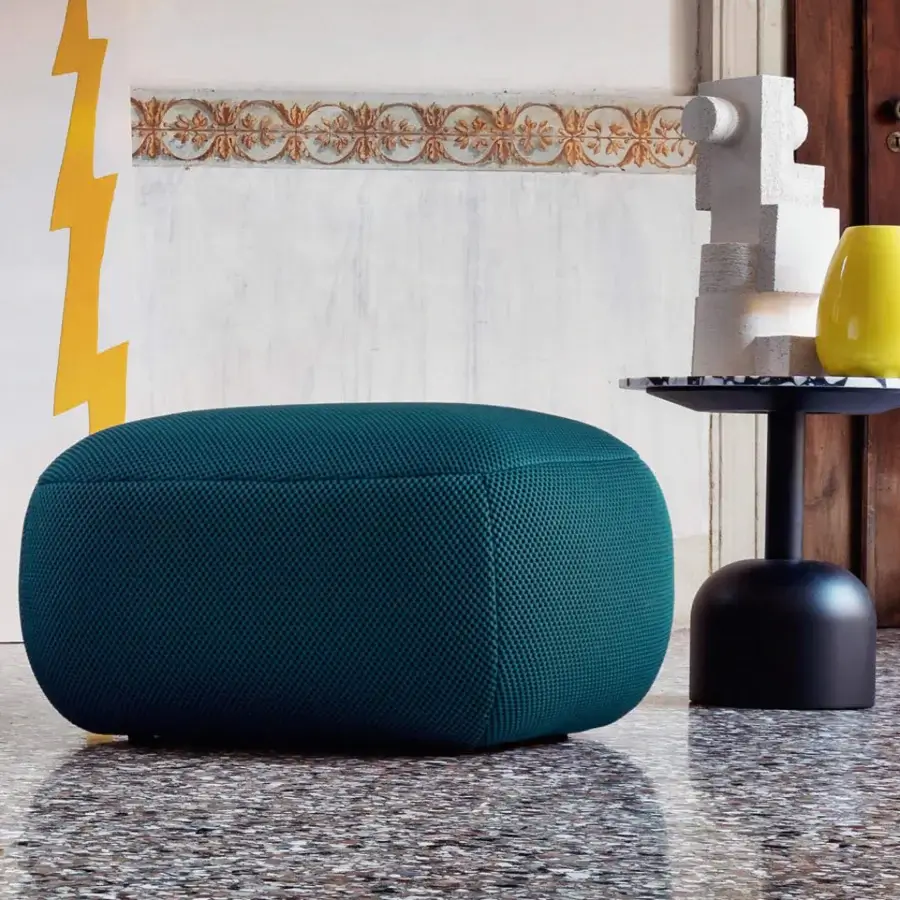 Distinguished Miniforms Botera ottoman with textured woven textile upholstery and sleek dark teal finish