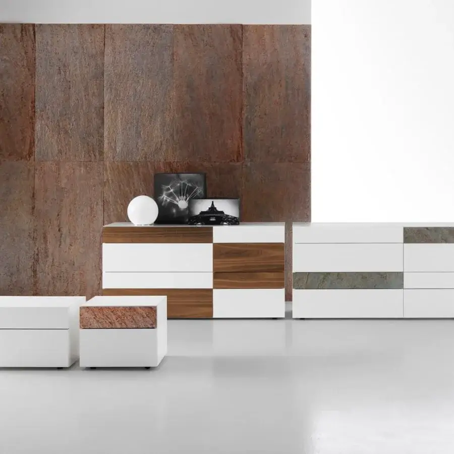 Sophisticated Presotto Wing dresser with white MDF and textured stone sections in matt lacquer finish