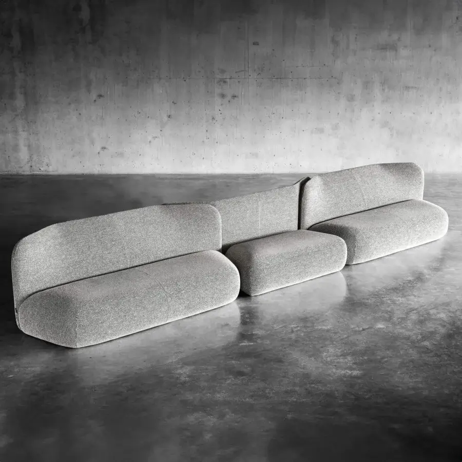Superior Miniforms Botera sofa, a comfortable seating option upholstered in light grey woven textile with a matte finish