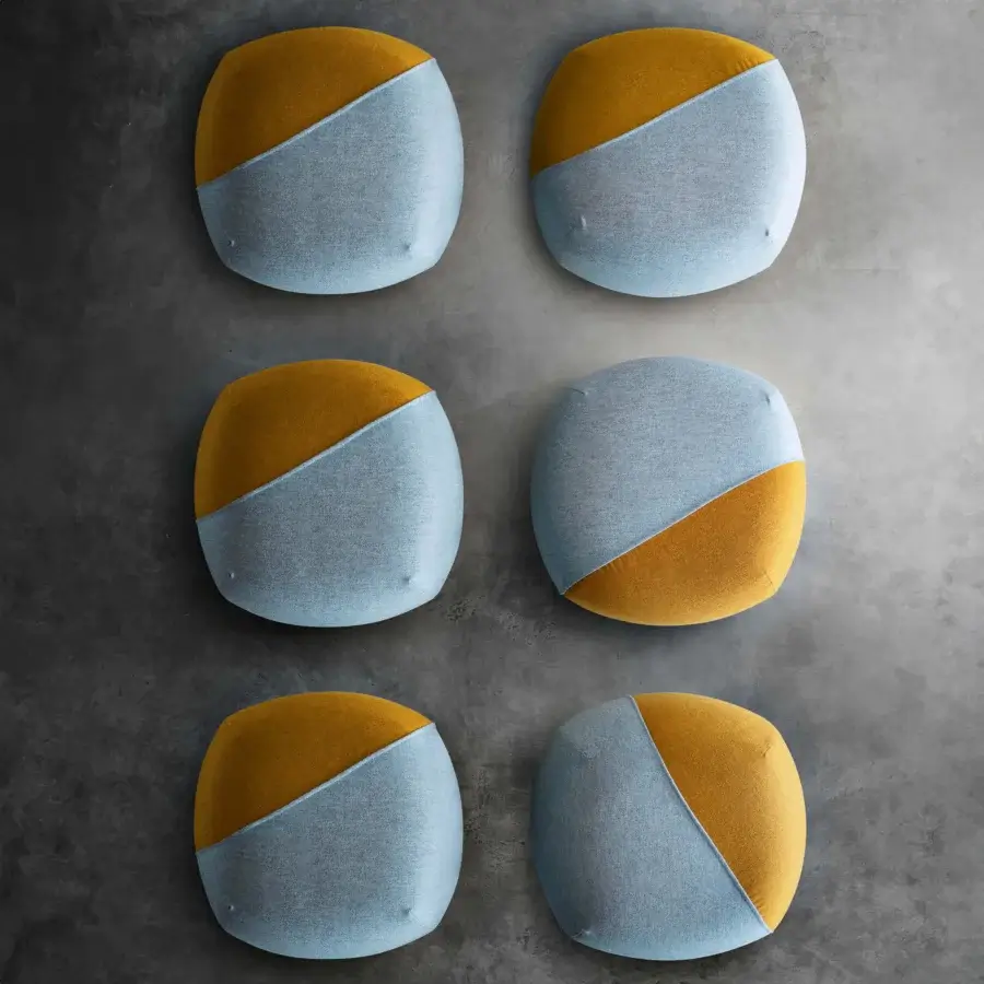 Exceptional Miniforms Furoshiki ottoman with light blue-grey and mustard yellow textile fabric and matte finish