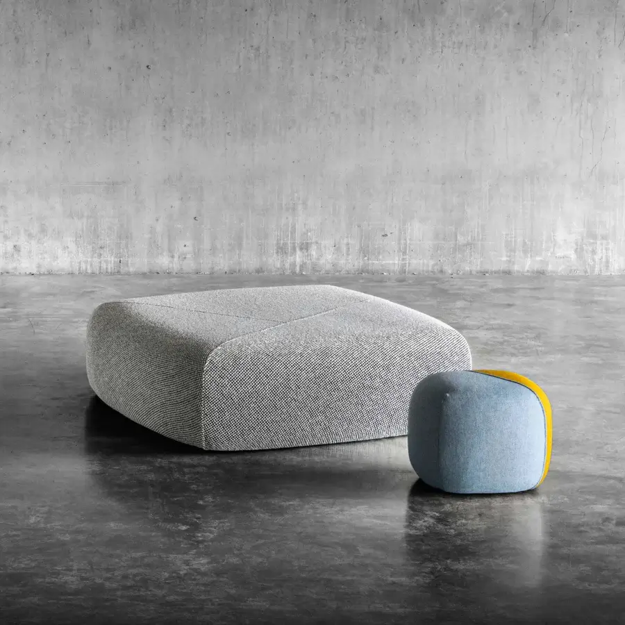 Distinguished Miniforms Furoshiki ottoman with woven gray and white patterns displaying sartorial seams for a modern aesthetic