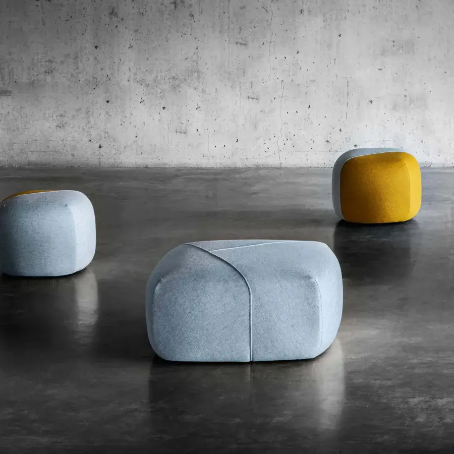 Exceptional Miniforms Furoshiki ottoman crafted in Italy with geometric patterns displaying light blue-grey and golden-yellow hues