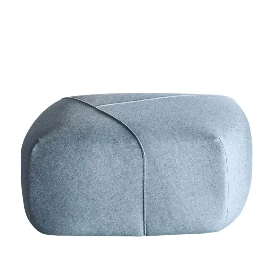Distinguished Miniforms Furoshiki ottoman crafted in Italy with light blue textile upholstery displaying intersecting seams and a matte finish