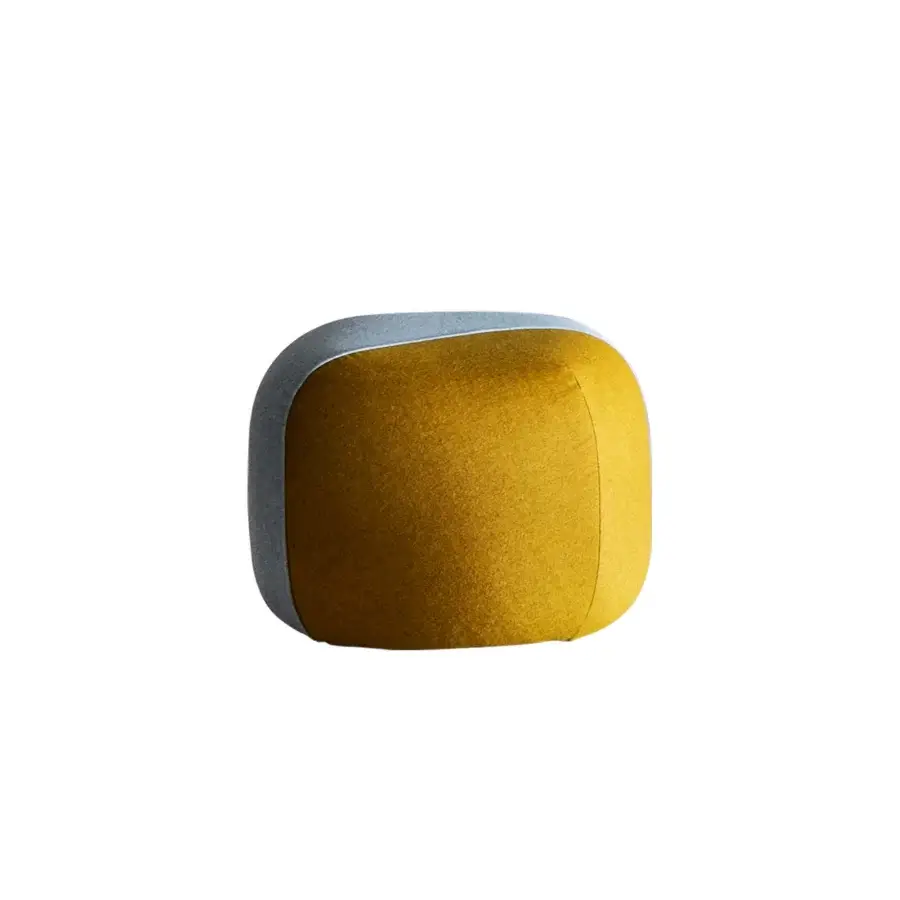 Superior Miniforms Furoshiki ottoman upholstered in mustard yellow and light gray fabric with sartorial seams and textured finish