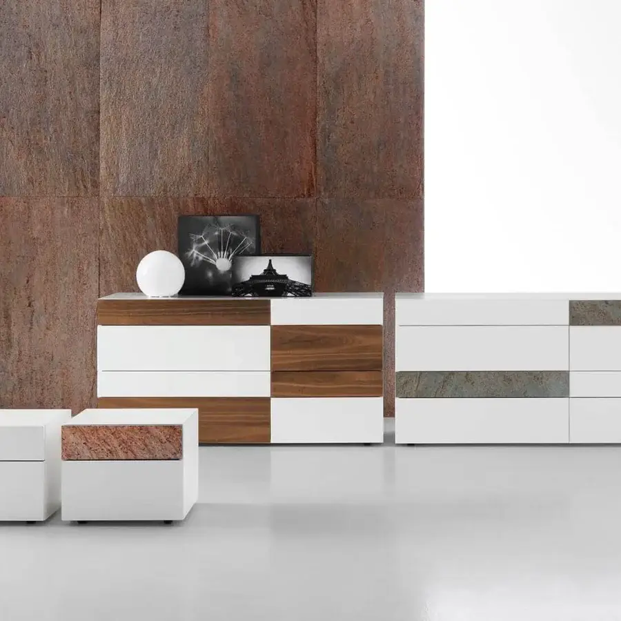 Distinguished Presotto Wing nightstand with wood particleboard, reddish-brown stone slab and matt lacquered white finish