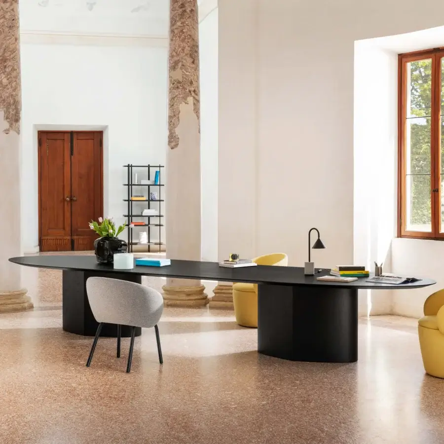 Superior Miniforms Monoplauto Maxxxi conference table with elongated oval top and cylindrical bases in matte black finish