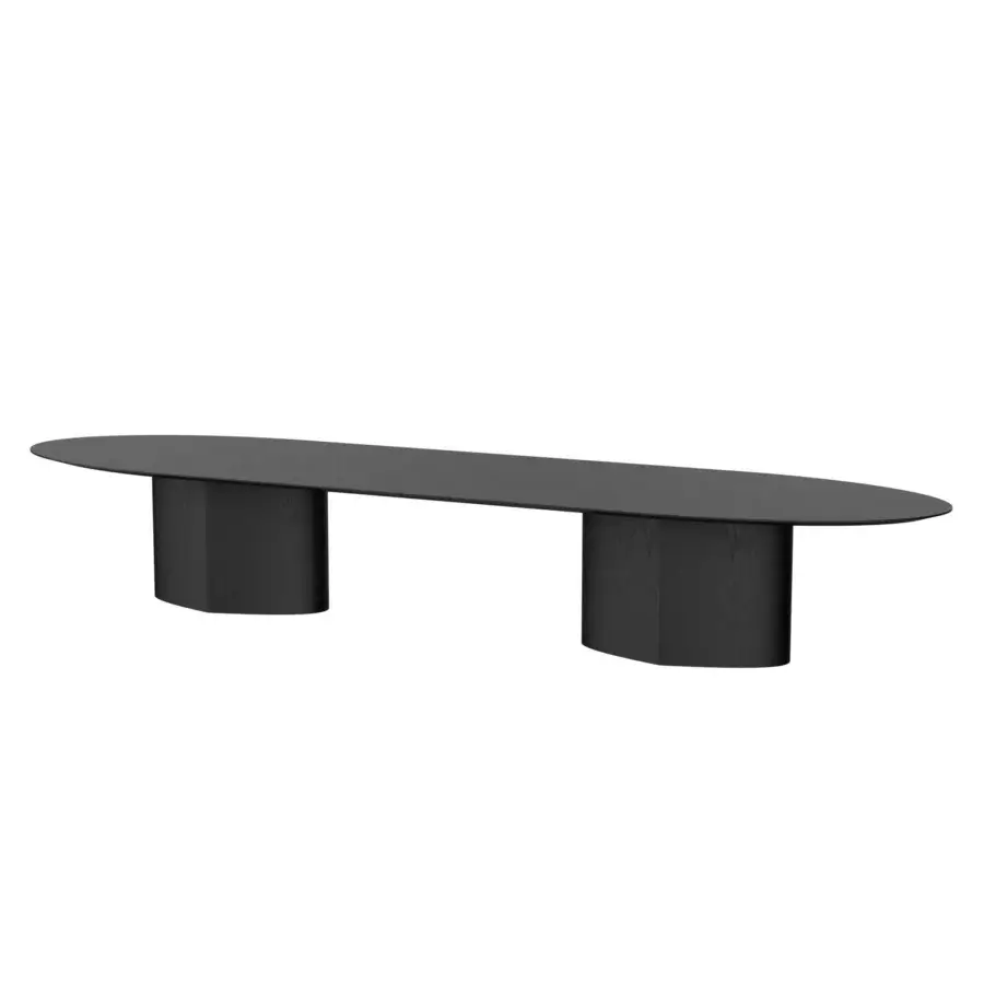 Distinguished Miniforms Monoplauto Maxxxi conference table with racetrack tabletop and cylindrical pedestal bases in dark gray or black matte finish