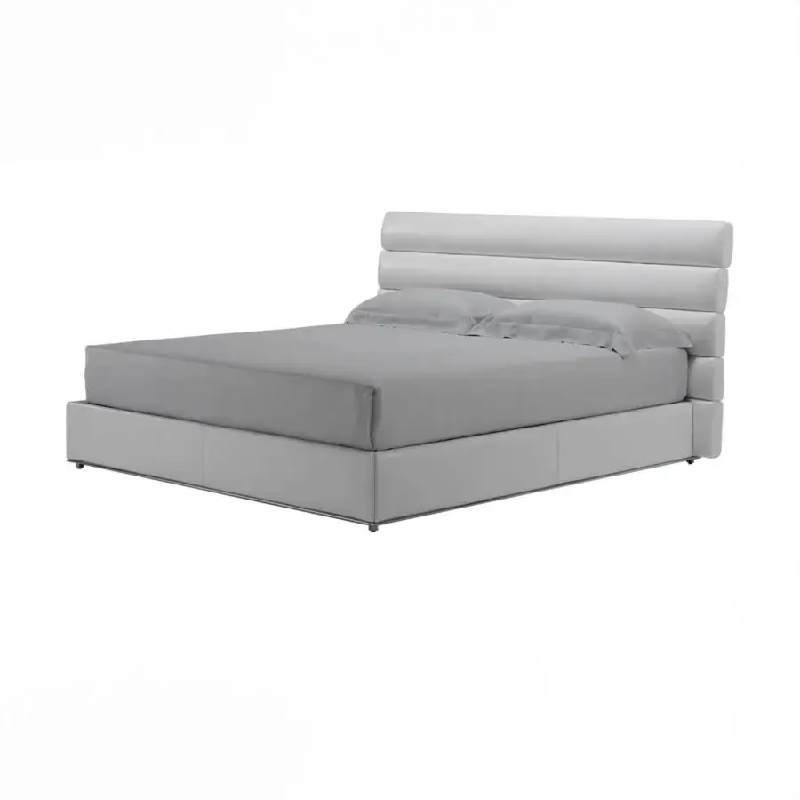 Elegant Cierre1972 Monet bed with light grey synthetic leather upholstery and matte finish, built with chromed metal bases