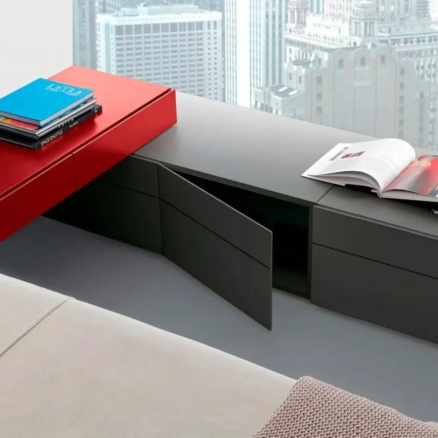 Elegant Presotto Wing nightstand with dark gray matte lacquer and a vibrant red accent on one drawer front crafted in Italy