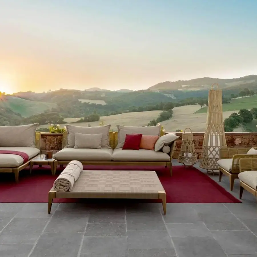 Superior Talenti Cruise sectional with smoke teak wood, refined rope detailing, and comfortable beige weather-resistant cushions with throw pillows