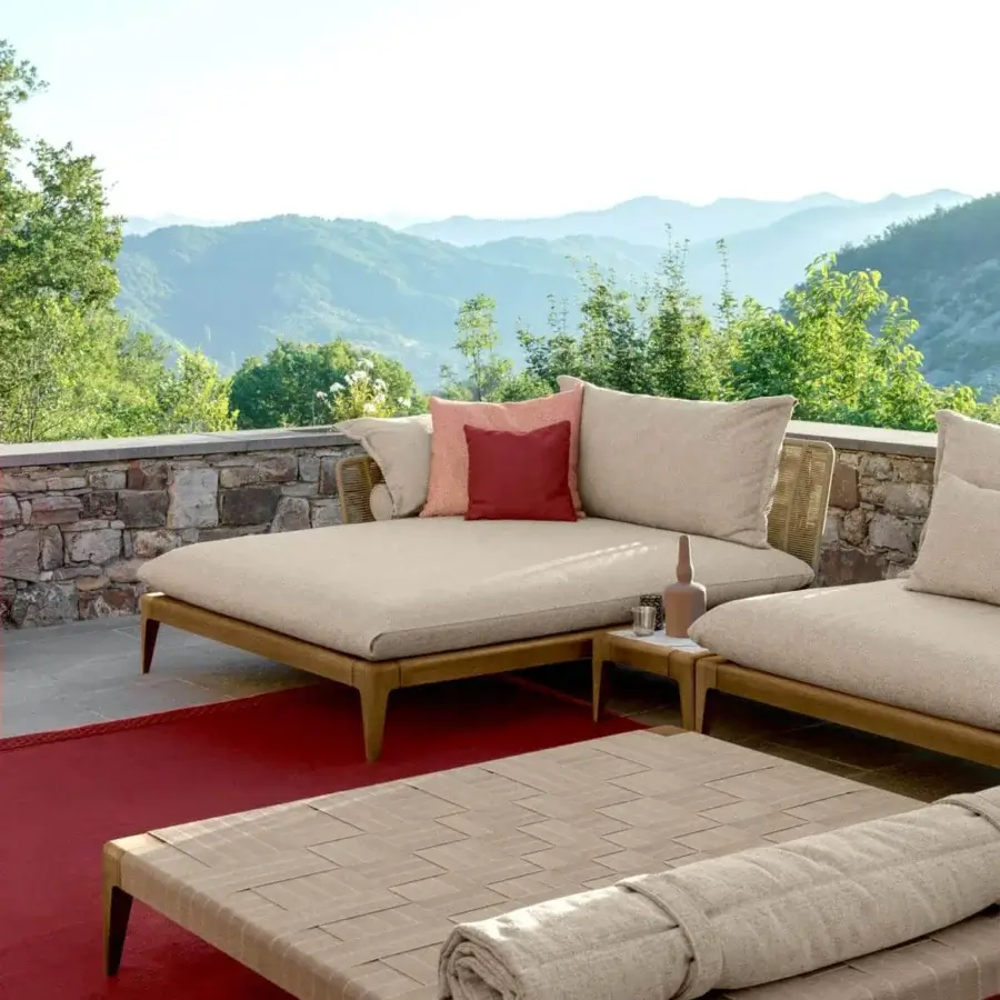 Exceptional Talenti Cruise sectional crafted in Italy with smoke teak wood, rope detailing, and beige cushions