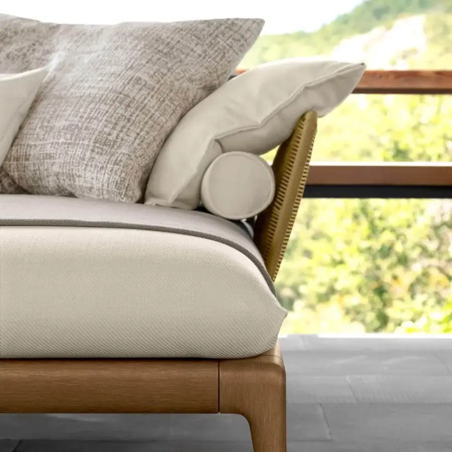 Distinguished Talenti Cruise sofa with refined teak wood framing and woven synthetic rope backrest in light beige weather-resistant fabric
