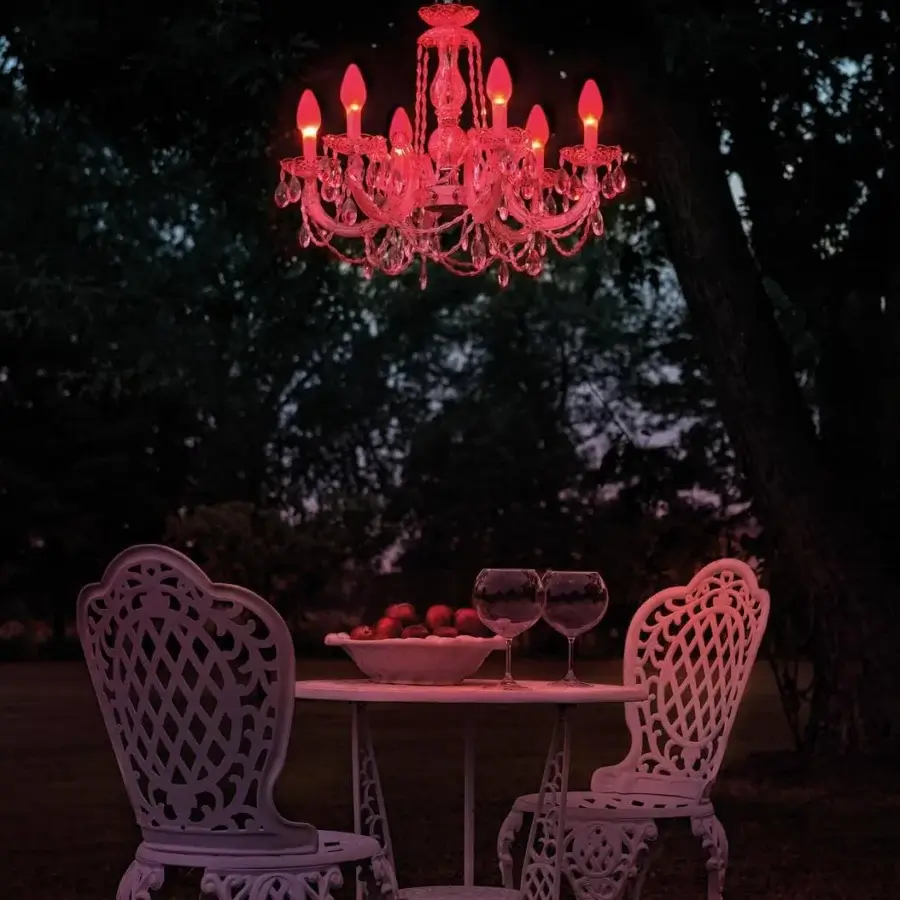 Distinguished Masiero DRYLIGHT Chandelier reimagines Venetian tradition with six arms crafted from durable red methacrylate and crystal-like pendants