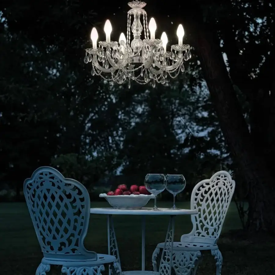 Exceptional Masiero DRYLIGHT Chandelier outdoor lighting built with DRYLIGHT® technology in a transparent glossy finish with crystal-like methacrylate pendants