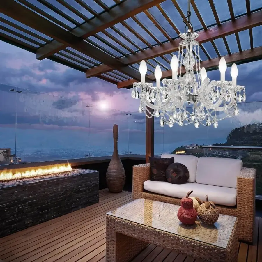 Elegant Masiero DRYLIGHT Chandelier outdoor lighting crafted in clear methacrylate with a glossy finish for complete weather safety