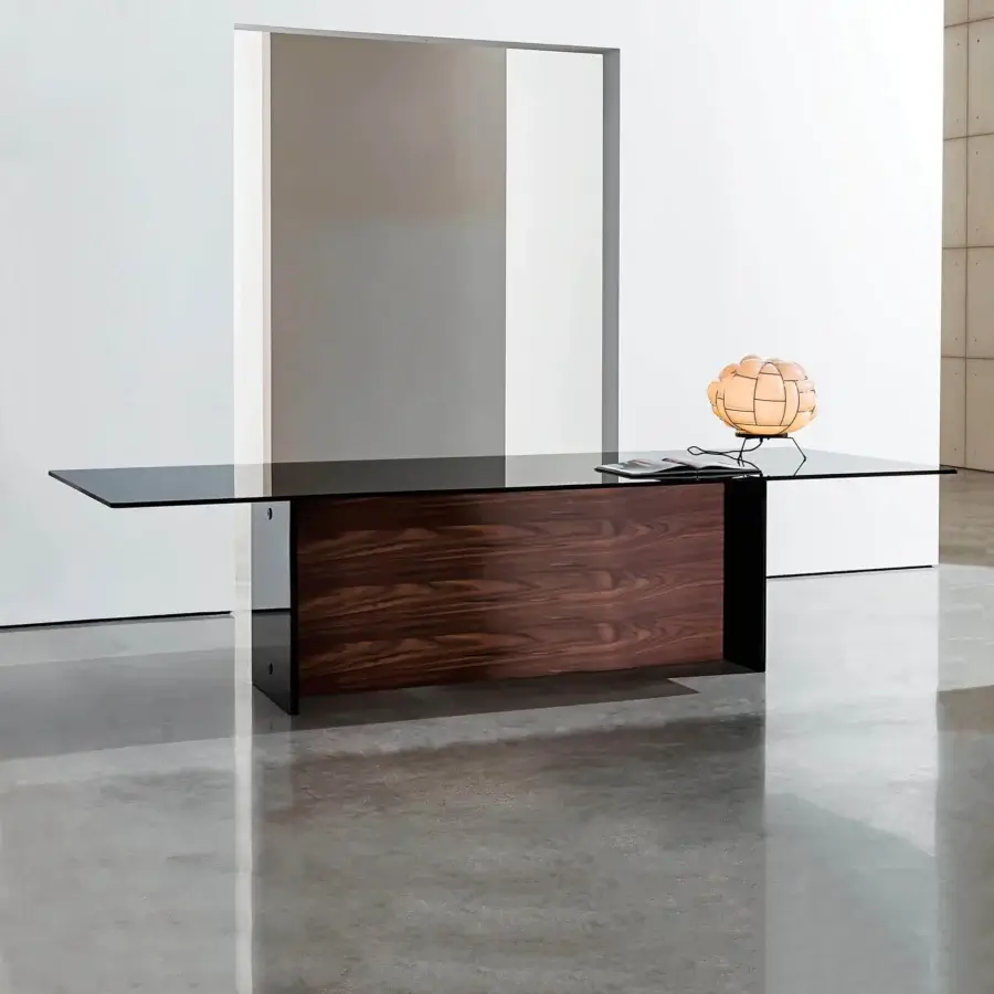 Elegant Sovet Italia Regolo table with extra light smoked laminated glass top and glossy dark wooden base