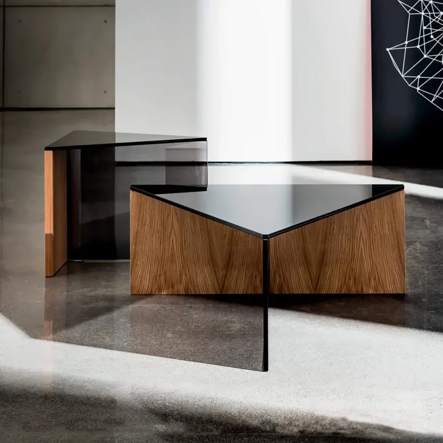Exclusive Sovet Italia Regolo table with triangular black laminated glass top and smoked glass base crafted in black lacquered laminate