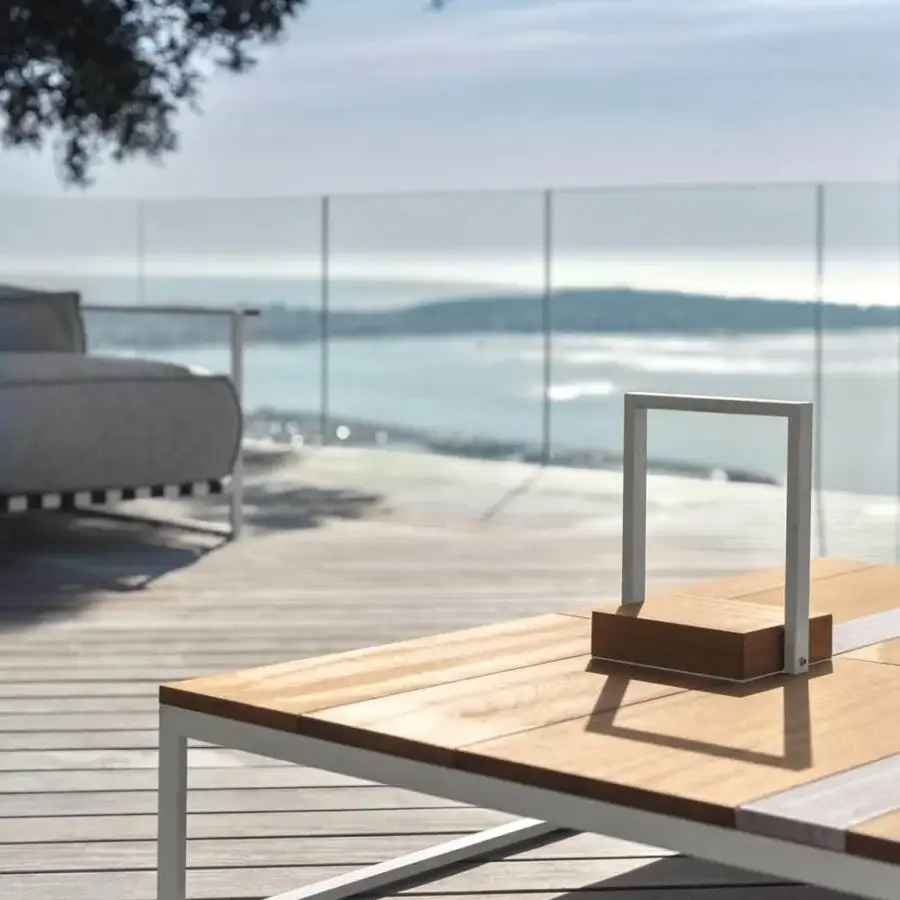 Distinguished Talenti Casilda coffee table with a square wood top combined with stone slats and a white finish