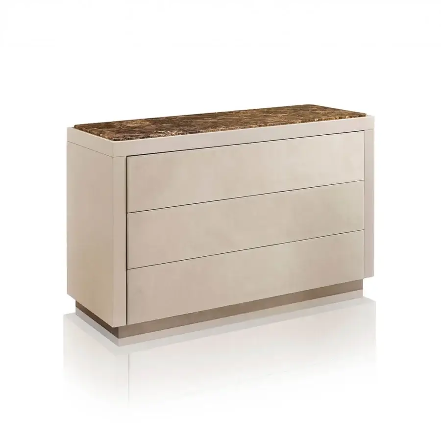 Dresser, light beige woodgrain, three drawers with mottled brown and gold marble top and bronze accent band.