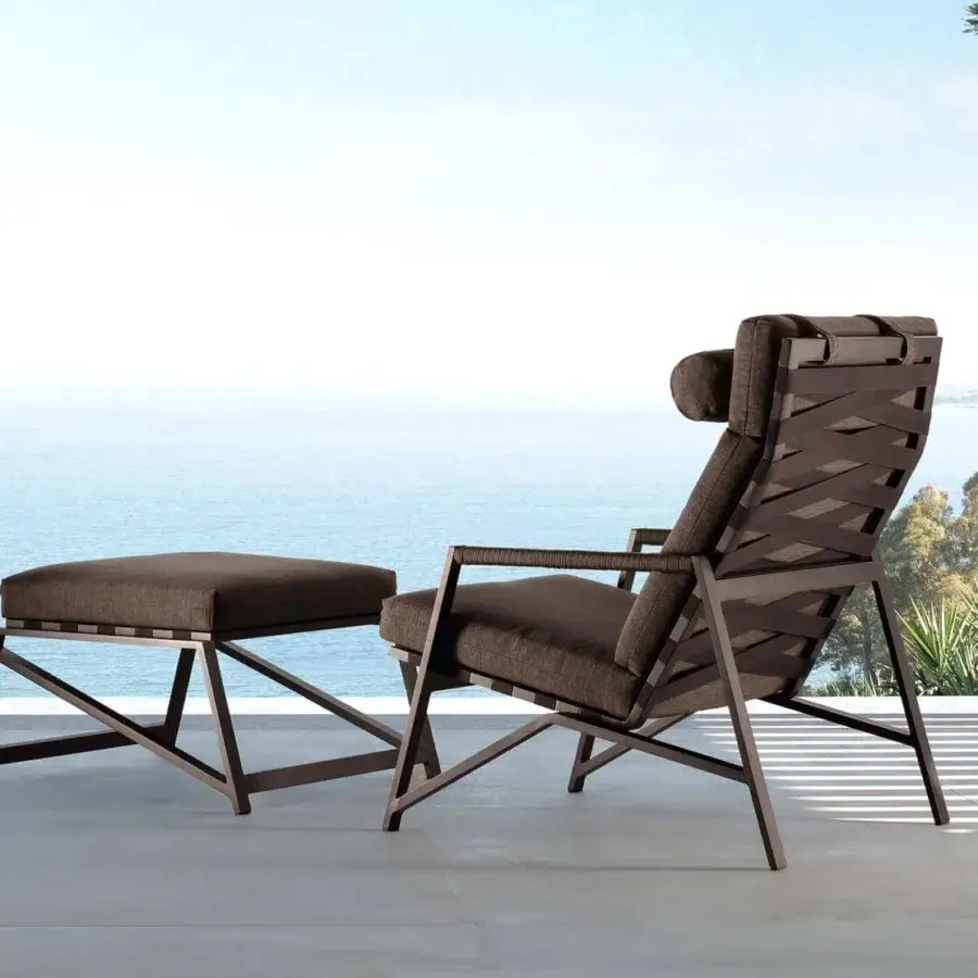 Superior Talenti Cottage footrest with geometric silhouette and uniform brown powder coated aluminum structure crafted with strong synthetic elastic belts