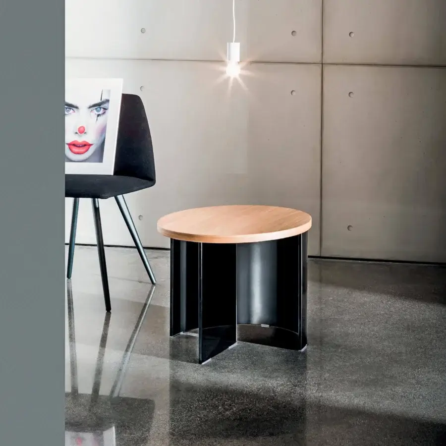 Superior Sovet Italia Regolo coffee table with a round wood top and smoked glass with black lacquered laminated glass base