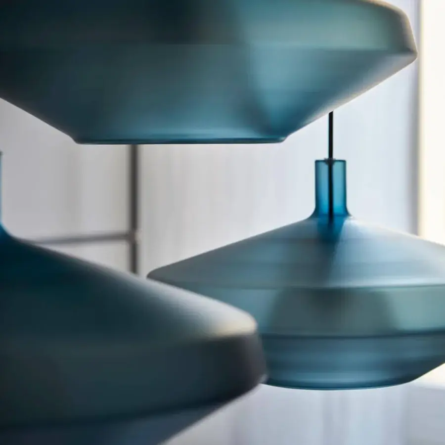 Exclusive Penta MoM suspension lamp crafted in matte borosilicate glass with a captivating blue avio gradient finish
