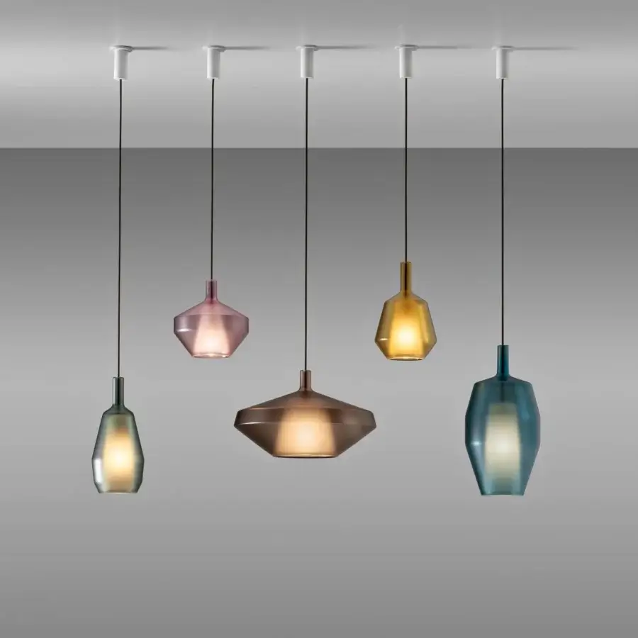 Distinguished Penta MoM suspension lamp crafted in matte borosilicate glass with hues of sage green, pink, sand, mustard and teal blue