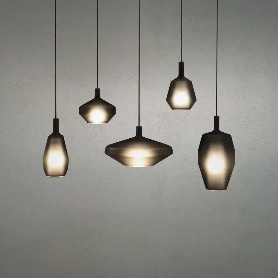 Harmonious Penta MoM suspension lamp crafted in matte borosilicate glass with smoky grey finish and geometric form