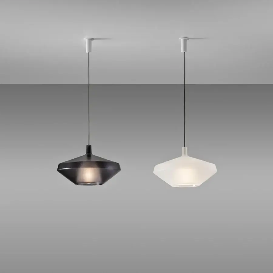 Superior Penta MoM suspension lamp crafted in matte borosilicate glass with sleek white finish and minimalist silhouette