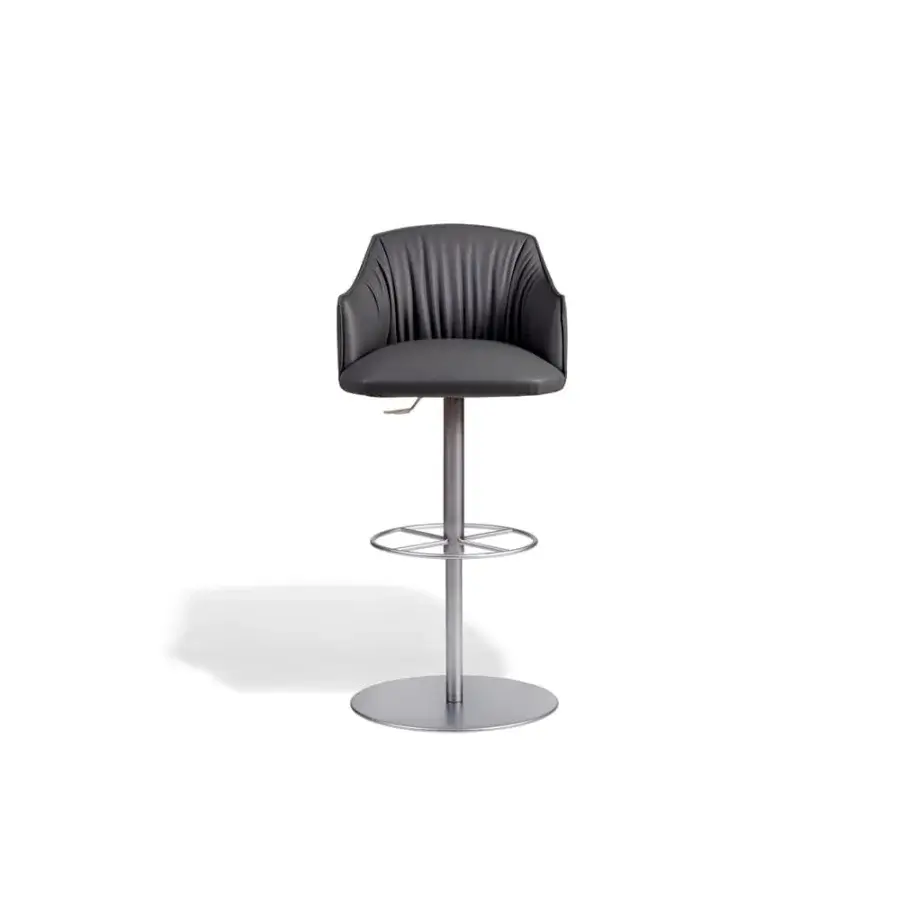 Elegant Potocco Blossom stool upholstered in high-end fabric with a curved backrest and dark gray matte metal base