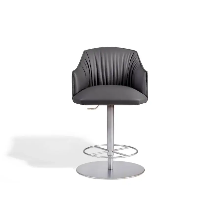 Distinctive Potocco Blossom stool with uniform gray leather upholstery and central swivel metal leg