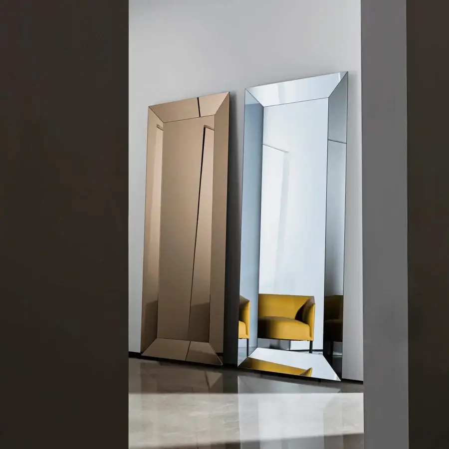 Exceptional Sovet Italia Denver mirror with edge-to-edge glass surfaces and a beveled glass frame reflecting a bronze hue