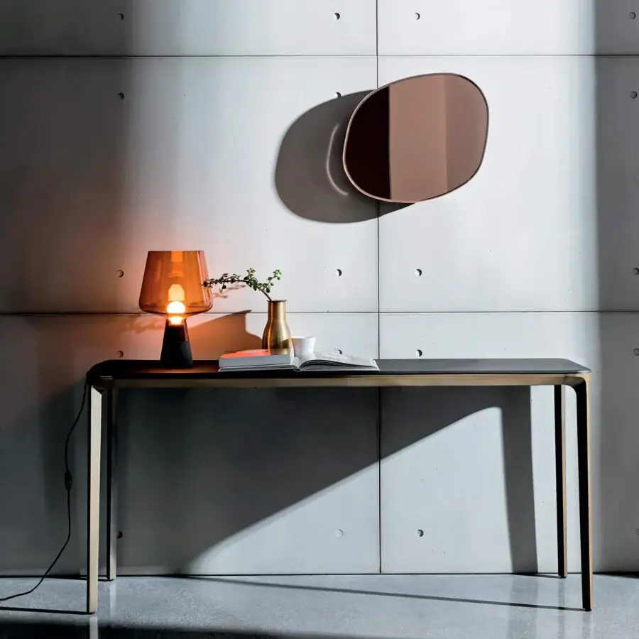 Elegant Sovet Italia Gocce Di Rugiada mirror crafted in extra-light mirrored glass with a polished edge and warm copper tone frame