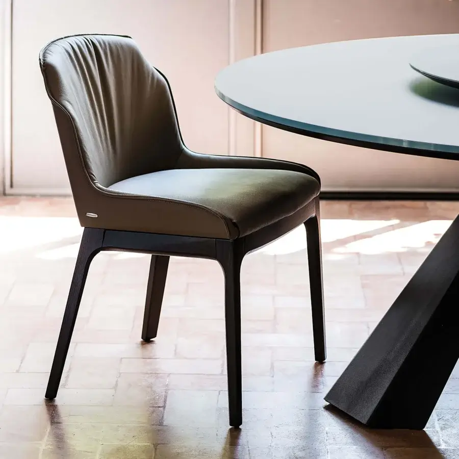 Distinguished Cattelan Italia Musa chair upholstered in smooth brown material with a dark brown solid wood frame