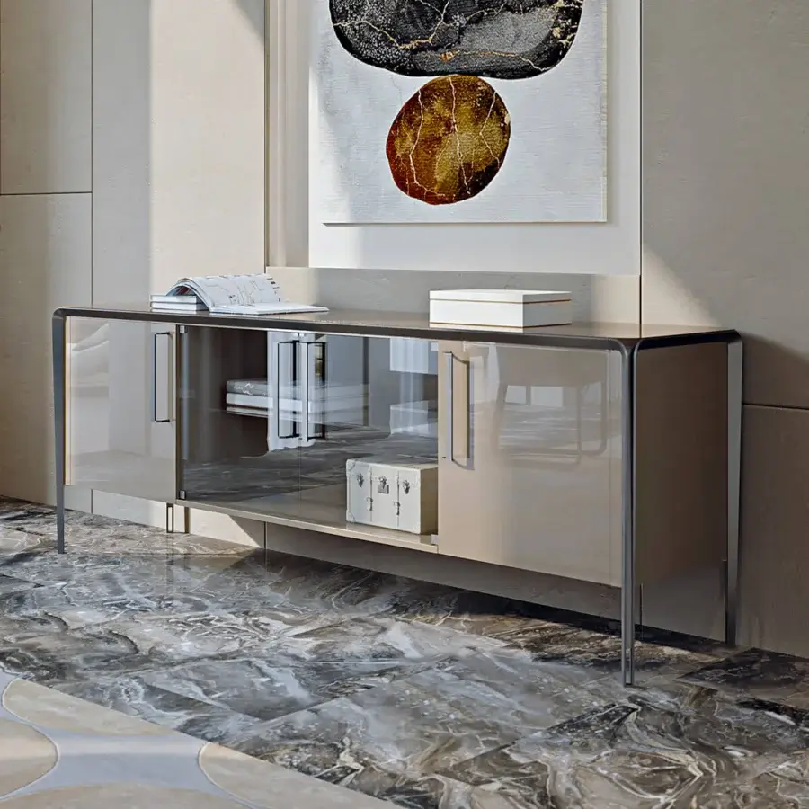 Distinguished Turri Milano sideboard with lacquered wooden structure, sleek metal legs and glass-fronted doors in a muted taupe finish