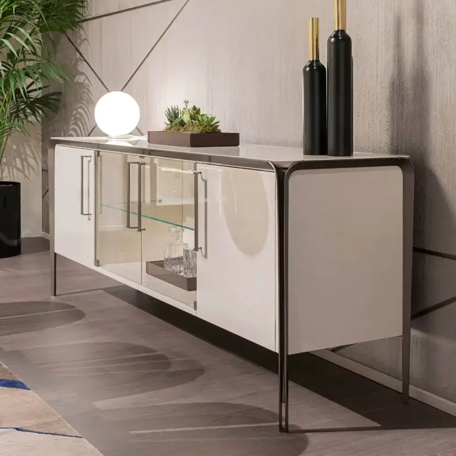 Superior Turri Milano sideboard with glossy white lacquered wood, dark metal trim and delicate metal legs built with leather inserts