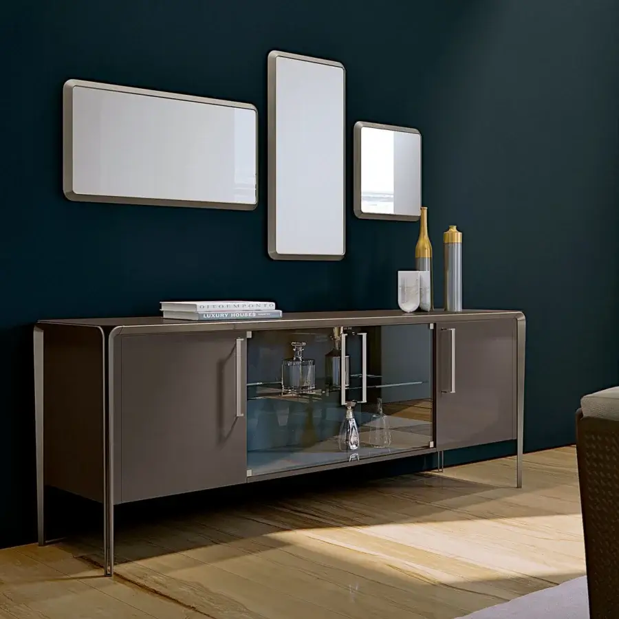 Distinguished Turri Milano sideboard with lacquered wood, glass doors and curved metal handles in a dark brown glossy finish