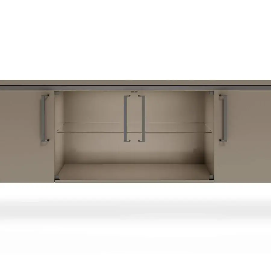 Distinguished Turri Milano sideboard with lacquered wood, metal legs and glass doors in muted beige and dark gray tones