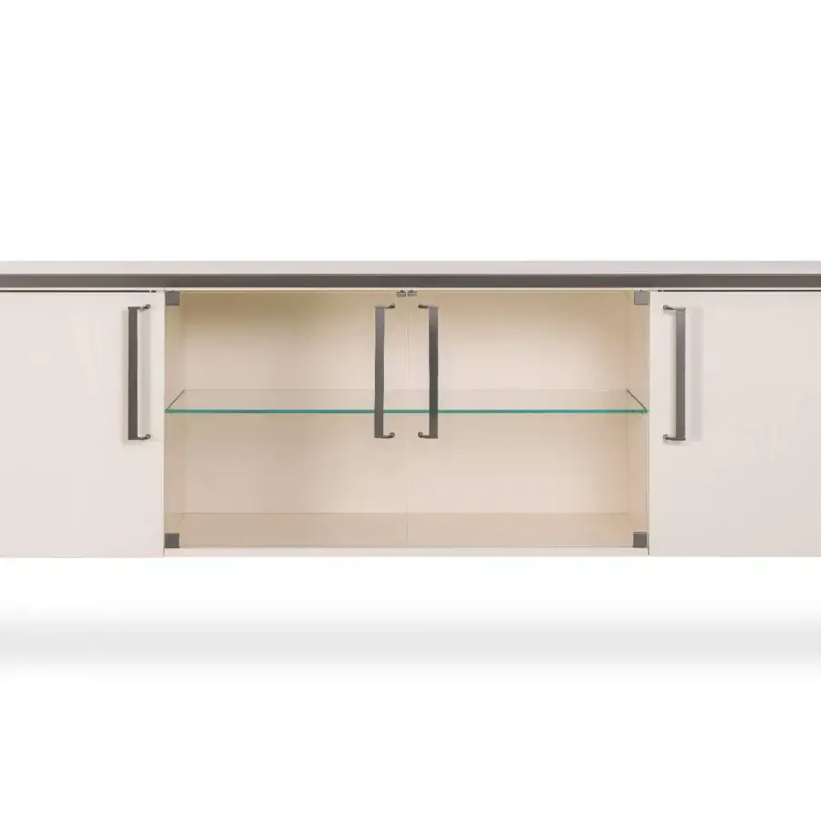 Superior Turri Milano sideboard with lacquered wood, slender metal legs and contrasting glass doors