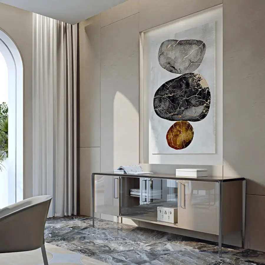 Distinguished Turri Milano sideboard with lacquered wood, glass shelves, metal legs and curved handles