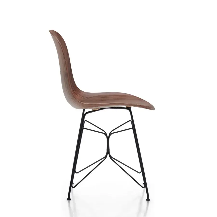 Distinctive MDF Italia Press chair with Canaletto walnut veneer shell and matte graphite grey powder-coated metal wire butterfly base