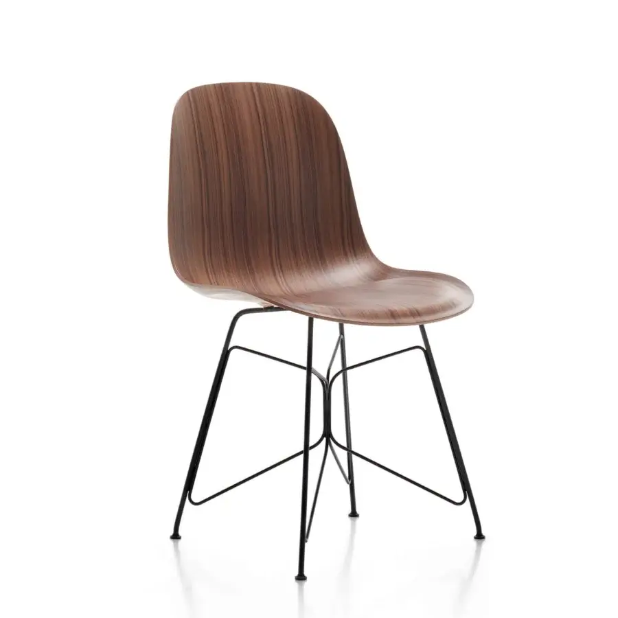 Elegant MDF Italia Press chair with Canaletto walnut veneer shell and graphite grey powder-coated metal wire butterfly base