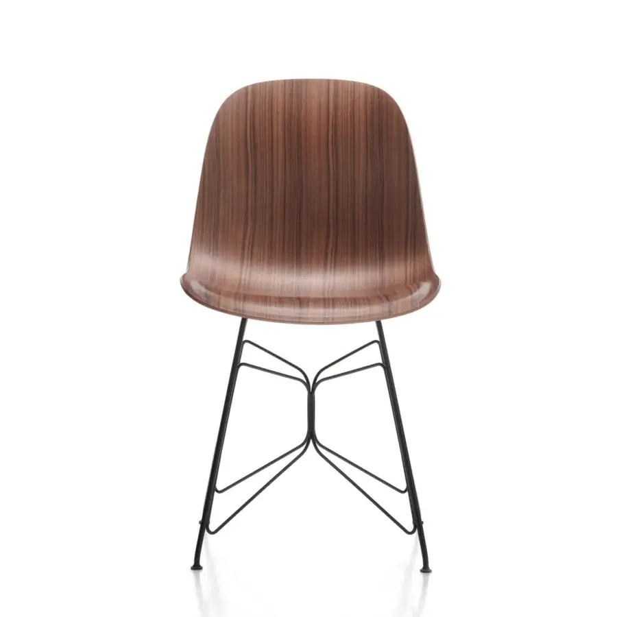 Innovative MDF Italia Press chair with three-dimensional beech plywood shell in Canaletto walnut veneer and matte graphite grey base