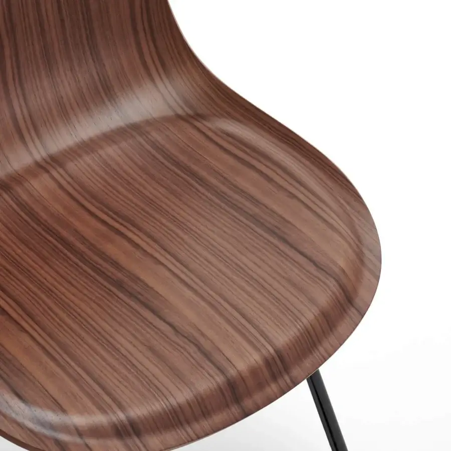 Elegant MDF Italia Press chair with curved Canaletto walnut veneer shell and powder-coated metal base with glossy finish
