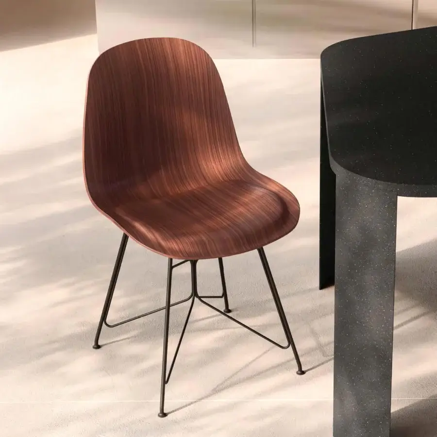 Distinguished MDF Italia Press chair crafted with Canaletto walnut veneer and matt graphite grey powder-coated metal legs